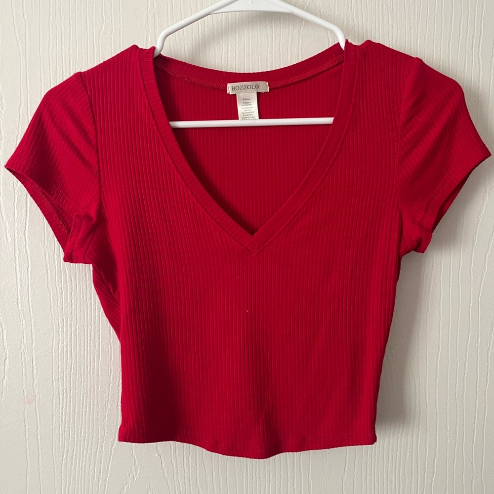 Size S, red v-neck.